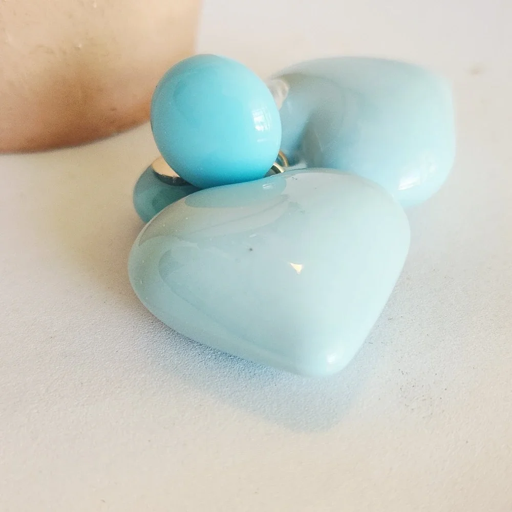 Light Blue‎ Heart Drop Earrings Glossy Puffy Dangle Statement Jewelry Post Back